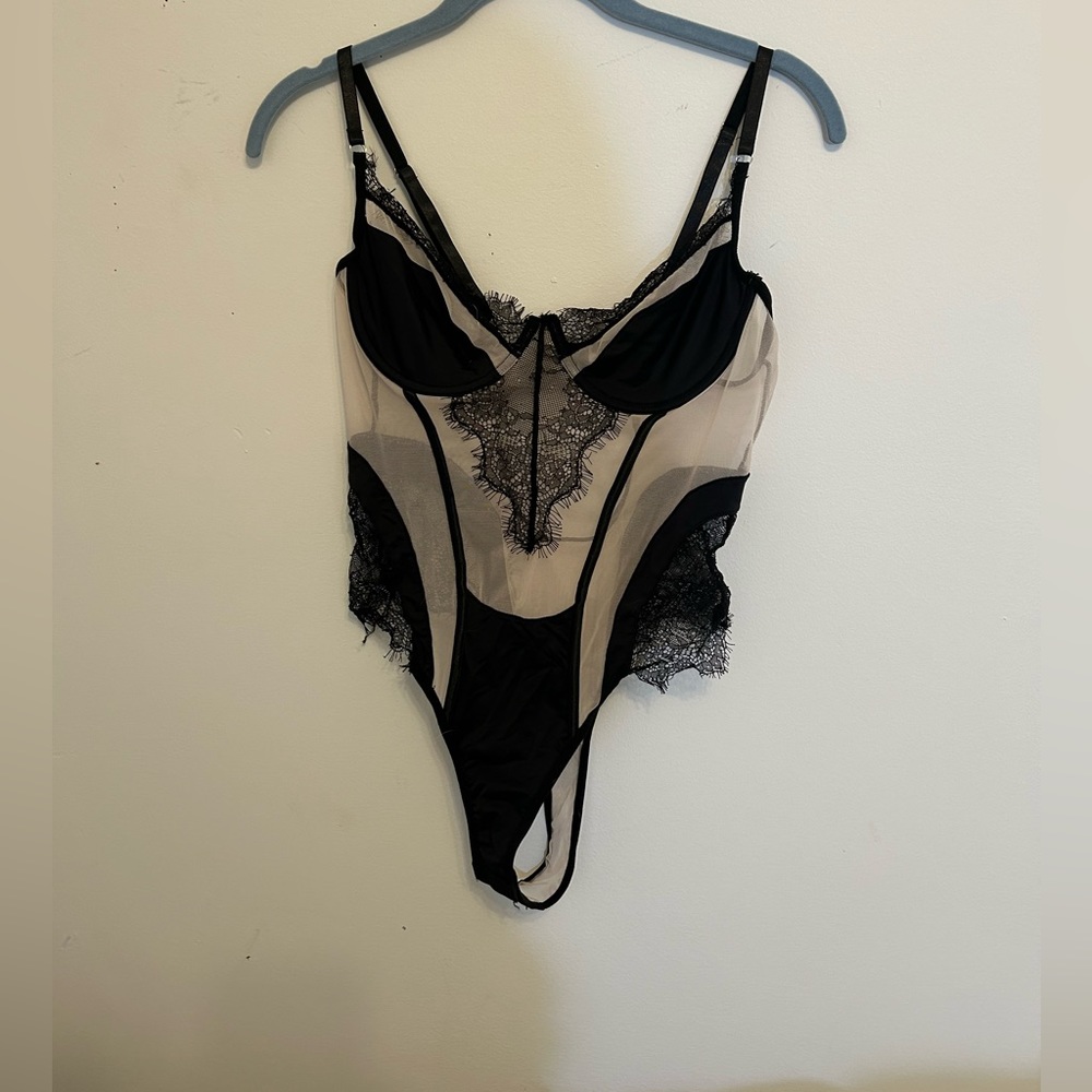 Black and Beige Lace Body Suit